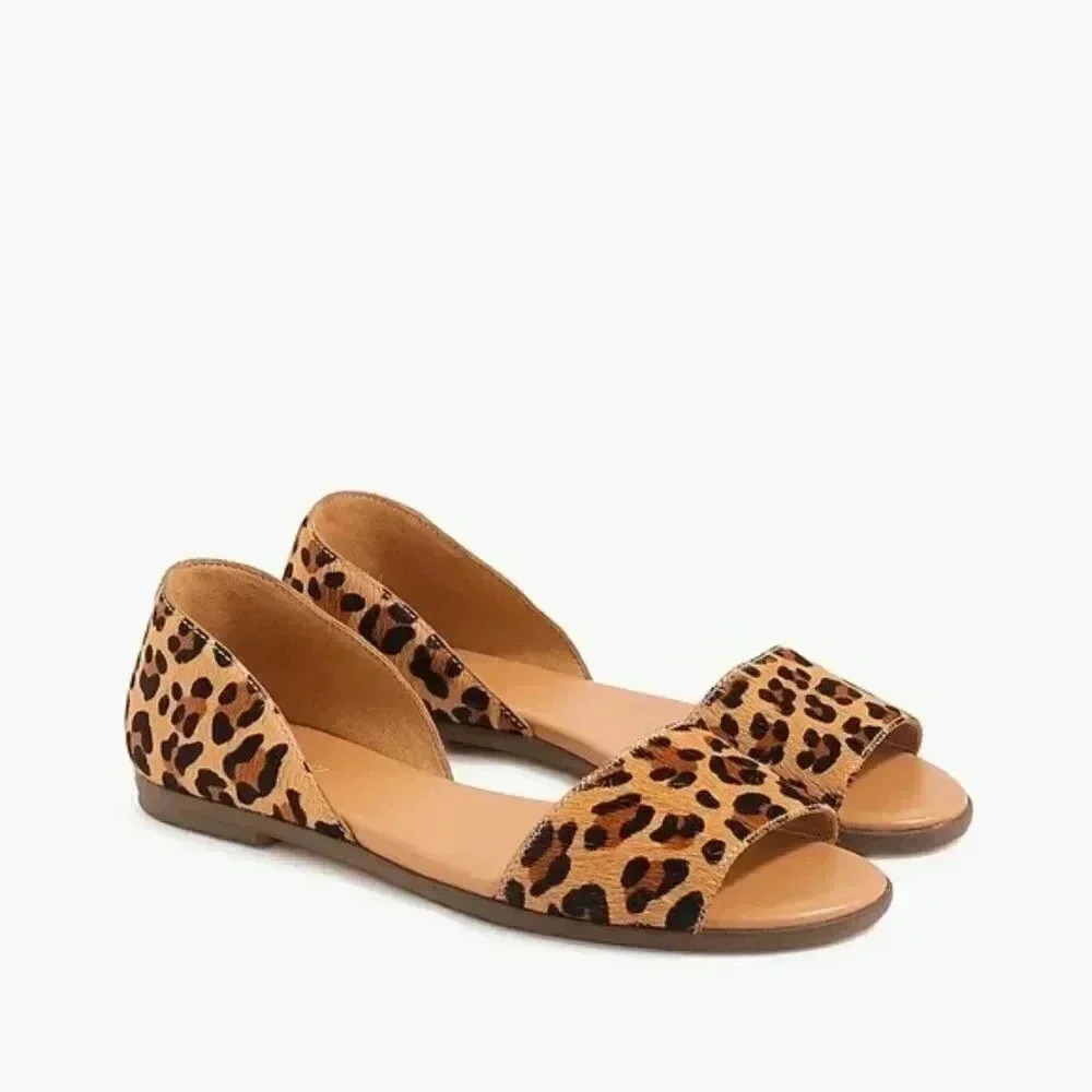 J Crew Morgan Leopard Calf Hair Peep Toe Flats